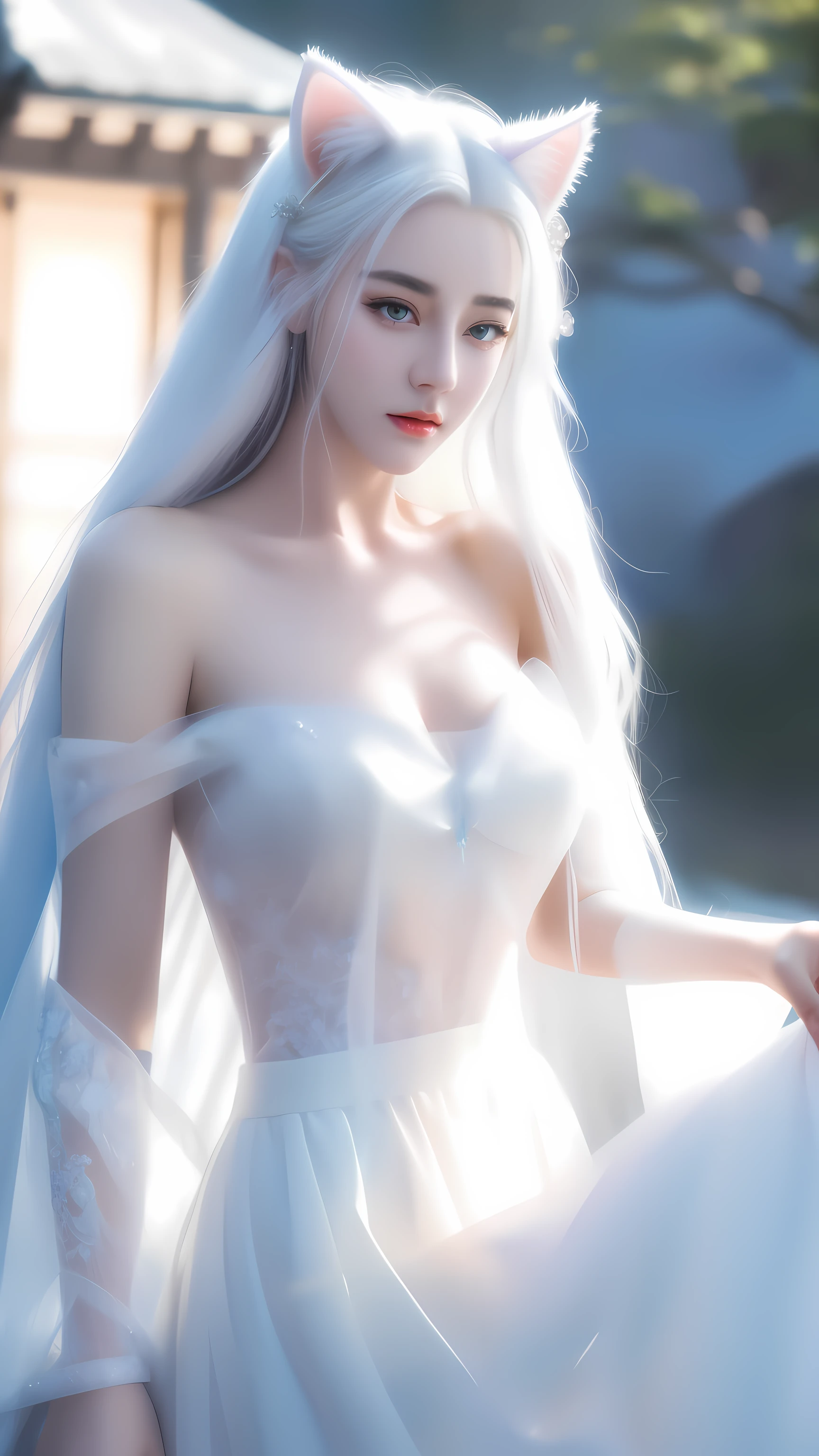 One wearing a white dress、Close-up of woman with cat ears, ethereal beauty, Stunning young and ethereal figure, huge breasts,bigger breasts,H cup,Expose more breasts,flowing white robe, flowing skirt, 1 more transparent skirt,Openwork skirt,There are no shoulder straps,flowing magic robe, beautiful girl, very beautiful top model, Beautiful digital artwork, tall thin beautiful goddess, beautiful goddess, Beautiful fantasy girl, beautiful fantasy art, Smooth digital concept art, Smooth anime CG art,blizzard,snow mountain,lake,white hair,His face was slightly red,There is a red dot decoration between the eyebrows