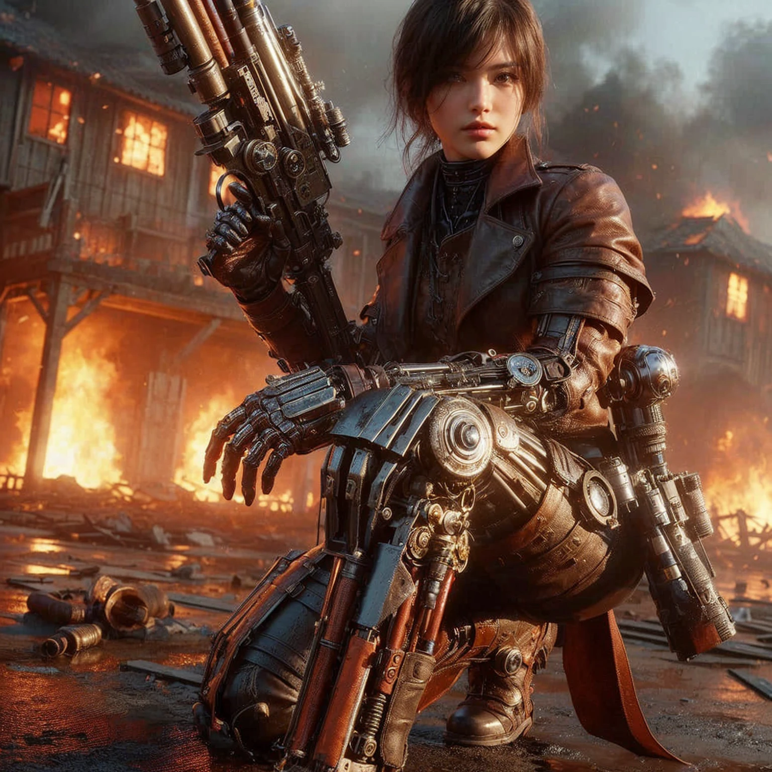 8k,Realistic Photo, Realistic Skin Texture, Superrealism, (Warring States period of Japanese history, approx like mechanical :1.2), burnt field、arquebus,vivid textures,legs, gradation hair, japanese female soldier,(ultra beautiful face),((super realistic all textures)), ((super intricate all details)), full body shot, ultra sharp photo result, metallic color, scratch, Rust, weathering, steampunk, taken with Fuji film X-T30+Nokton. HDR10,Minimum of 4 pieces created