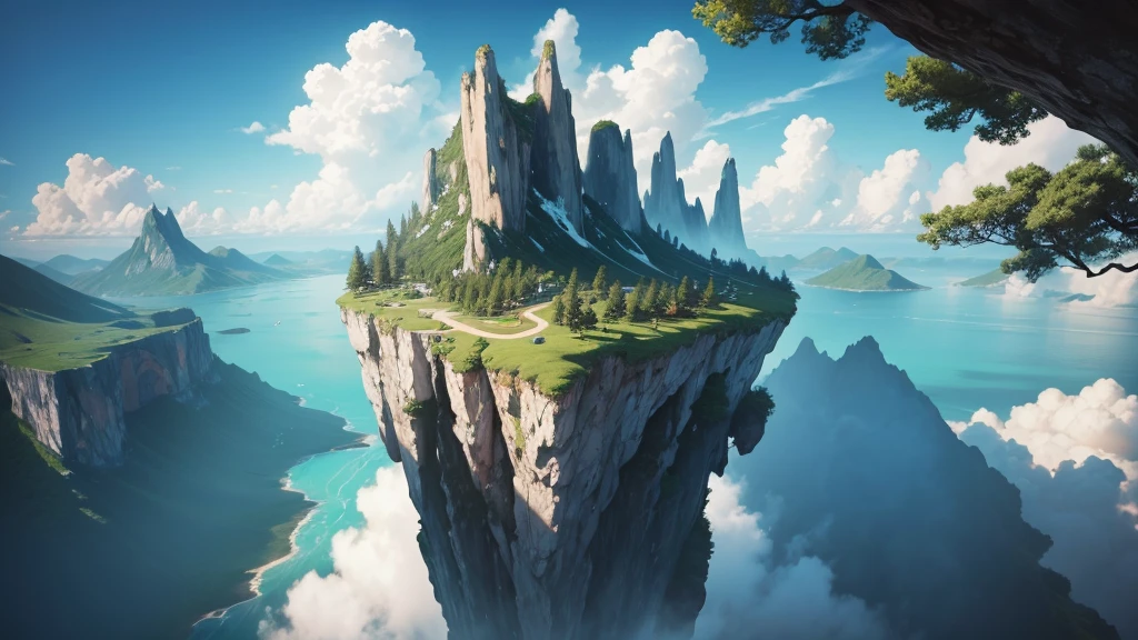 a close up of a tree on a cliff with a sky background, flying island in the sky, floating and flying island, an island floating in the air, floating island in the sky, flying island, floating mountains, island floating in the sky, anime nature, amazing wallpaper, epic matte painting of an island, made of tree and fantasy valley, floating island