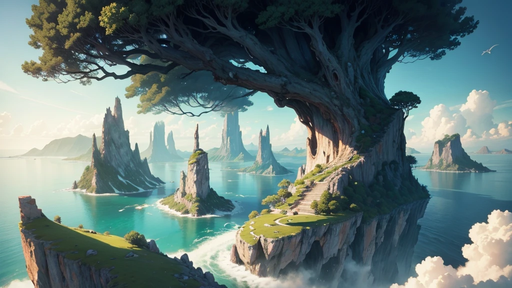 a close up of a tree on a cliff with a sky background, flying island in the sky, floating and flying island, an island floating in the air, floating island in the sky, flying island, floating mountains, island floating in the sky, anime nature, amazing wallpaper, epic matte painting of an island, made of tree and fantasy valley, floating island