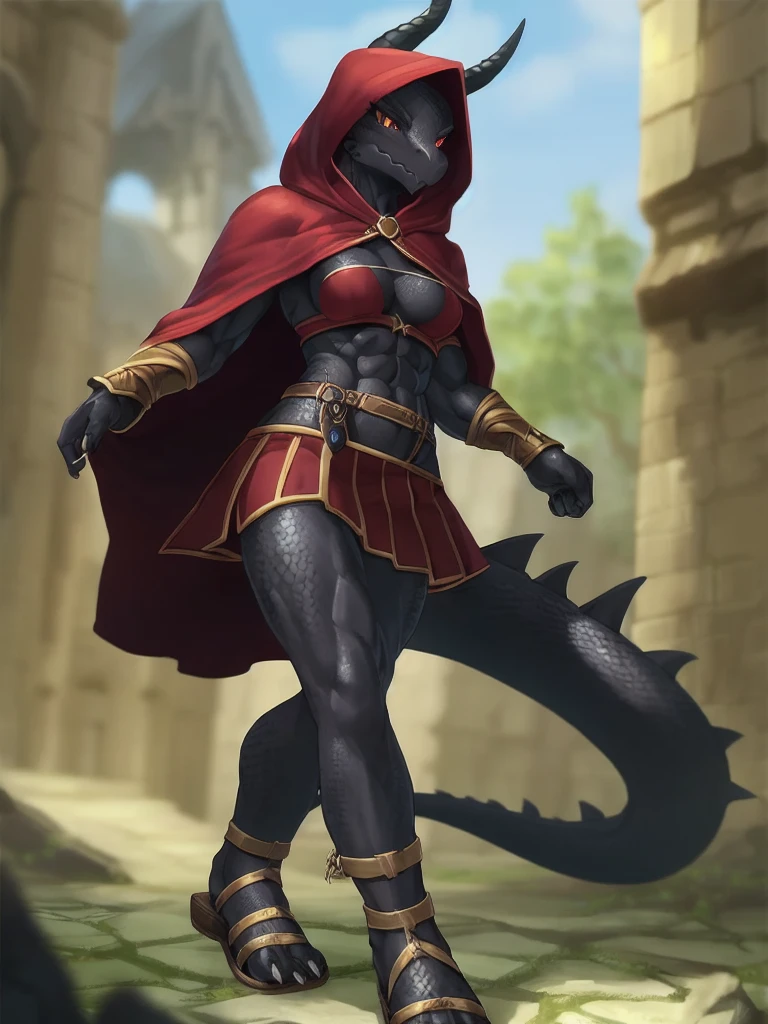 solo, kemono, (dragon), anthro, female, ((black body)), scales, tail, muscles, medium breasts beautiful feet, long red skirt, hooded cloak, medieval, fantasy, outdoors, outside, toe claws, strap leather sandals, leg guards, epic, depth of field, perfect lighting,(best quality),(masterpiece),(ultra detailed)