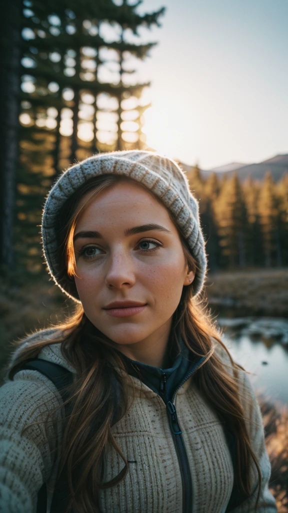 1 woman((upper body selfie, happy)), masterpiece, best quality, ultra-detailed, solo, outdoors, (night), mountains, nature, (stars, moon) cheerful, happy, backpack, sleeping bag, camping stove, water bottle, mountain boots, gloves, sweater, hat, flashlight, forest, rocks, river, wood, smoke, shadows, contrast, clear sky,
analog style (look at viewer:1.2) (skin texture)
(film grain:1.3), (warm hue, warm tone)