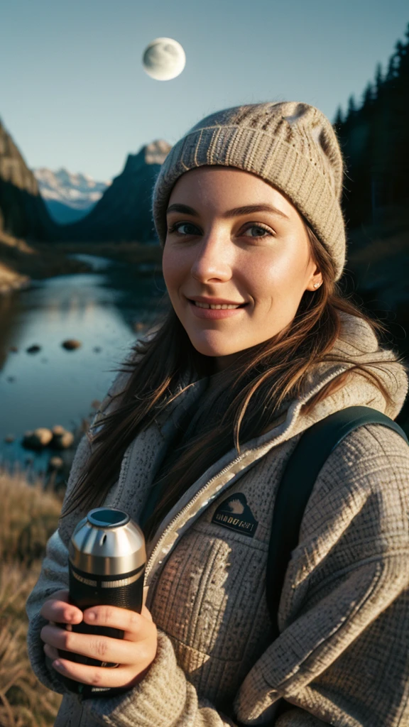1 woman((upper body selfie, happy)), masterpiece, best quality, ultra-detailed, solo, outdoors, (night), mountains, nature, (stars, moon) cheerful, happy, backpack, sleeping bag, camping stove, water bottle, mountain boots, gloves, sweater, hat, flashlight, forest, rocks, river, wood, smoke, shadows, contrast, clear sky,
analog style (look at viewer:1.2) (skin texture)
(film grain:1.3), (warm hue, warm tone)