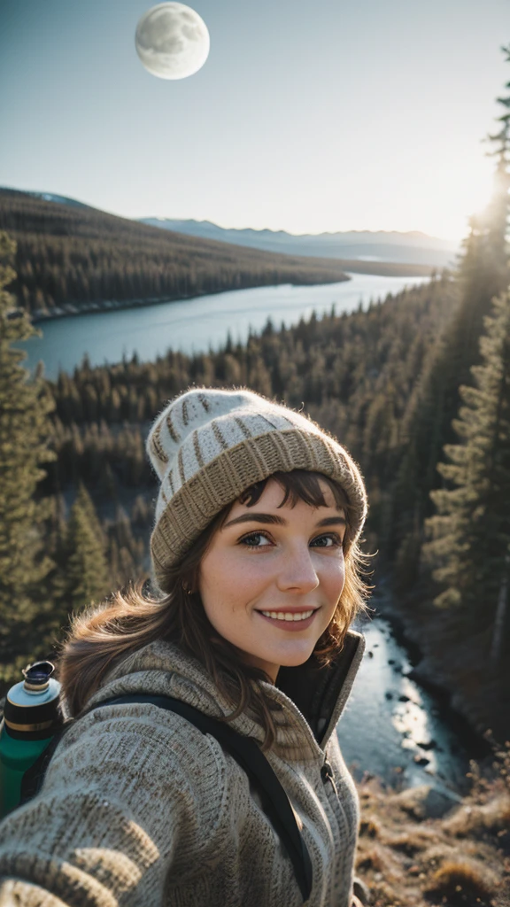 1 woman((upper body selfie, happy)), masterpiece, best quality, ultra-detailed,  solo, outdoors, (night), mountains, nature, (stars, moon)   cheerful, happy, backpack, sleeping bag, camping stove, water bottle, mountain boots, gloves, sweater, hat, flashlight, forest, rocks, river, wood, smoke, shadows, contrast, clear sky,
analog style (look at viewer:1.2)  (skin texture)
(film grain:1.3), (warm hue, warm tone)