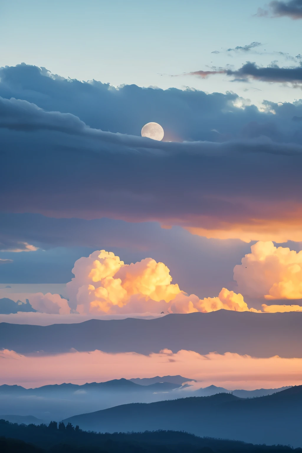 Asahi　White Moon　Ultra-realistic　photograph　Clouds at sunrise