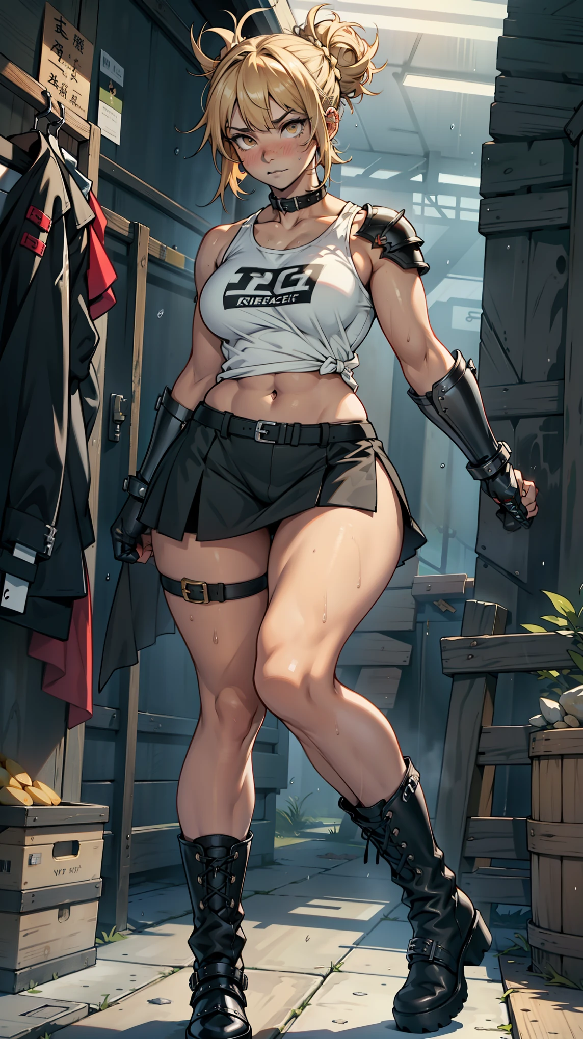 (masterpiece:1.2), (best quality:1.2) (detailed) (intricate) (8k) (HDR), 30 year old woman wearing an Adidas jacket and sport sneakers, Adidas jacket, holding a sword, sword, gun holster, holster, fingerless gloves, black gloves, mitts, very short skirt, wearing a headband, sports sneaker, sneakers, adidas, short white socks, huge thighs, wide hips, standing, (legs wide apart:1.5), (pussy:1.5), (nsfw:1.2), (vagina:1.4), standing, (thick lips), school exterior, (athletes in background:1.5), <lora:add_detail:0.7> <lora:oiled skinv1:0.5>