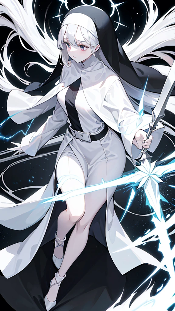 Character (mature) (hair bangs) (white long hair) (white pale skin) (black nun-style clothing) (character in dynamic pose) (perspective angle taken) (casting spell) (ethereal background)