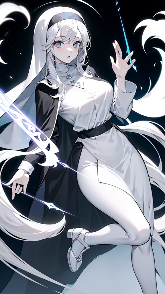 Character (mature) (hair bangs) (white long hair) (white pale skin) (black nun-style clothing) (character in dynamic pose) (perspective angle taken) (casting spell) (ethereal background)