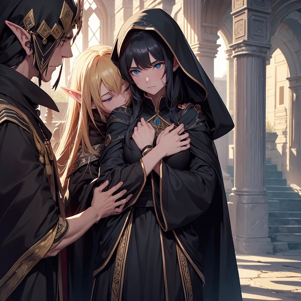 The elf man with a black cloak and golden embroidery is hugging a girl with a black cloak and blue embroidery tightly, and the girl is worried and looking at the face of the elf man.