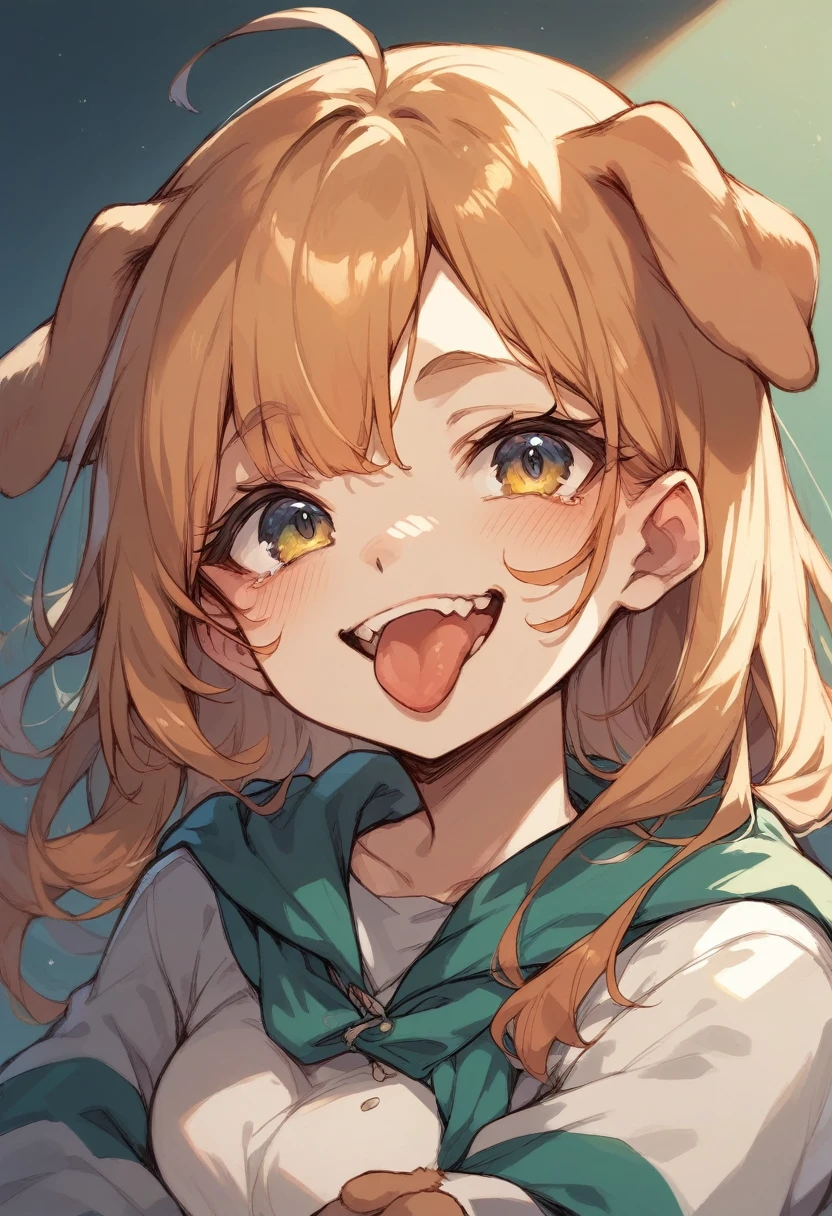 Draw me a dog that is smiling with its tongue out and one eye tearing up