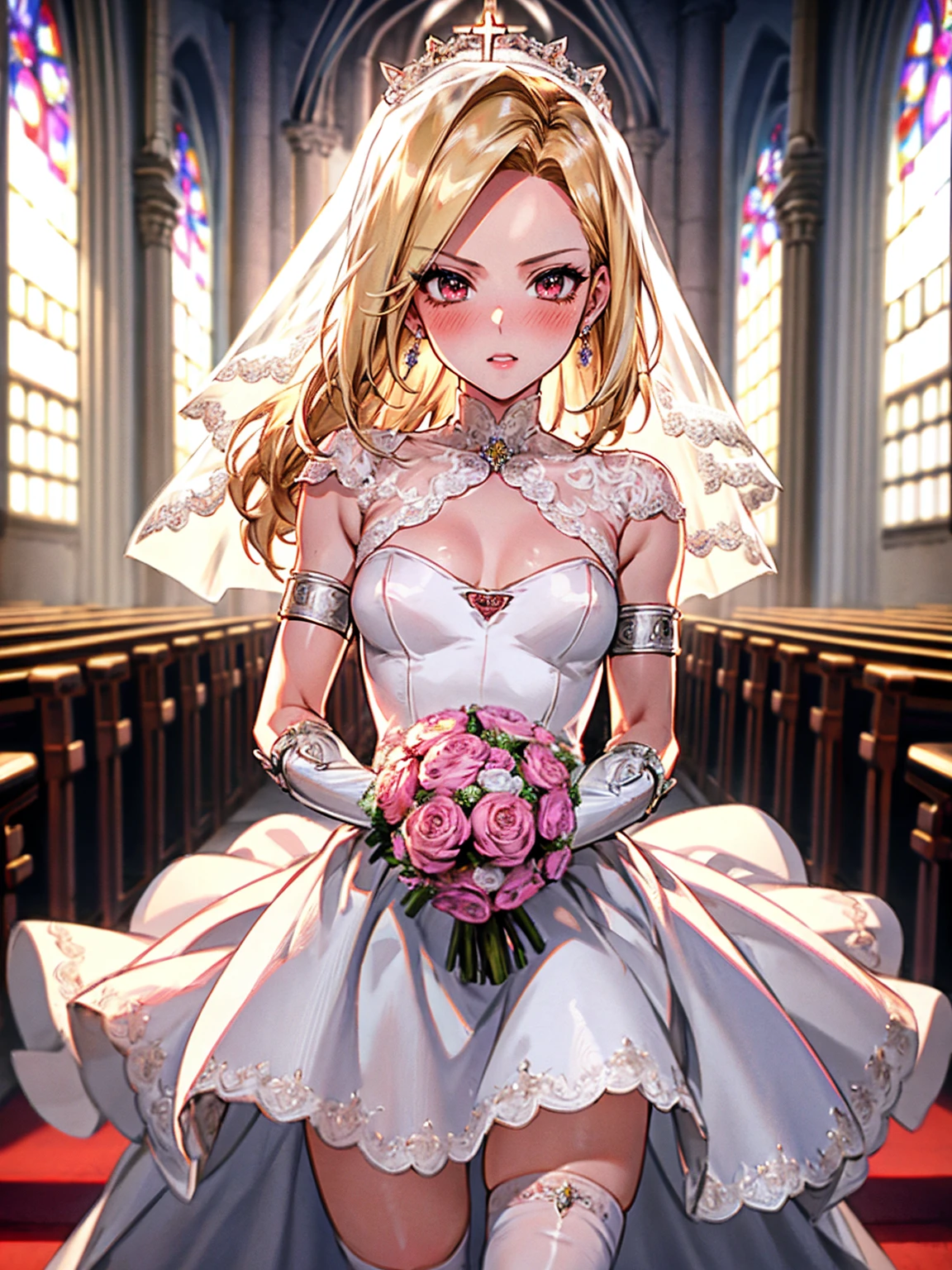 Android18number、Wedding dress, Bridal Gauntlet, Bridal Veil, wedding ring, bouquet、blush、Small breasts、church、超High resolution, retina, masterpiece, Accurate, Anatomically correct, Textured skin, Super detailed, Attention to detail, high quality, 最high quality, High resolution, 4K、Knee-high socks、Long gloves