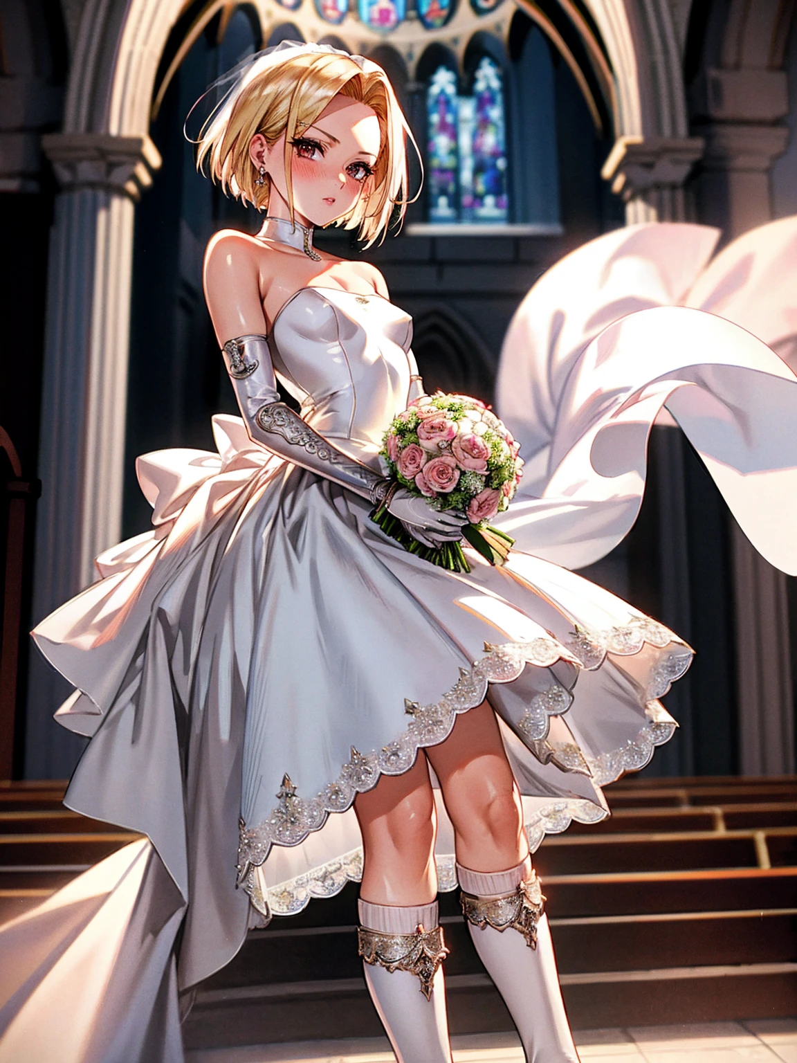 Android１８number、Wedding dress, Bridal Gauntlet, Bridal Veil, wedding ring, bouquet、blush、Small breasts、church、超High resolution, retina, masterpiece, Accurate, Anatomically correct, Textured skin, Super detailed, Attention to detail, high quality, 最high quality, High resolution, 4K、Knee-high socks、Long gloves