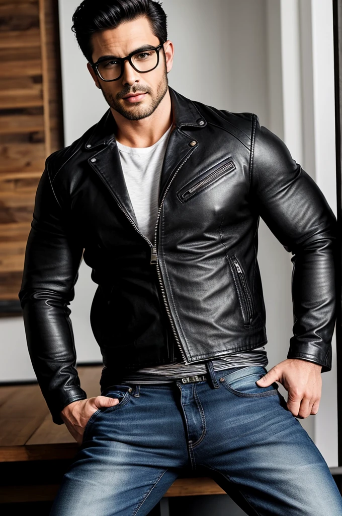 A sexy man with leather jacket and black glasses, wearing jeans pant, but his pants zip is open,nsfw, handsome face, detailed, masterpiece ,black hair, stylish man, very handsome