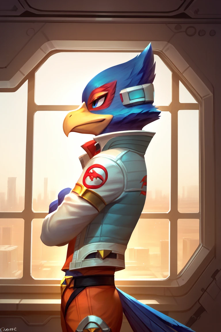 score_9, score_8_up, score_7_up, dcore_6_up, 1boy, solo, Falco lombardi, inside spaceship, arms crossed, looking front, window