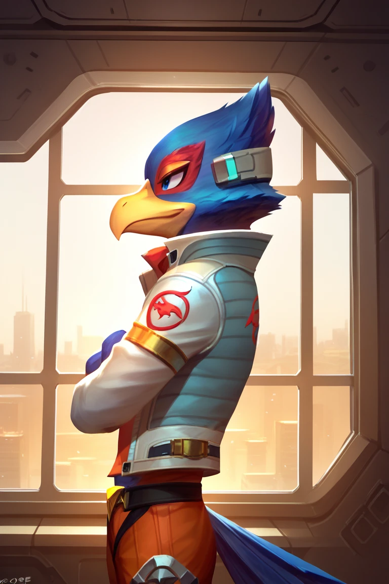 score_9, score_8_up, score_7_up, dcore_6_up, 1boy, solo, Falco lombardi, inside spaceship, arms crossed, looking front, window