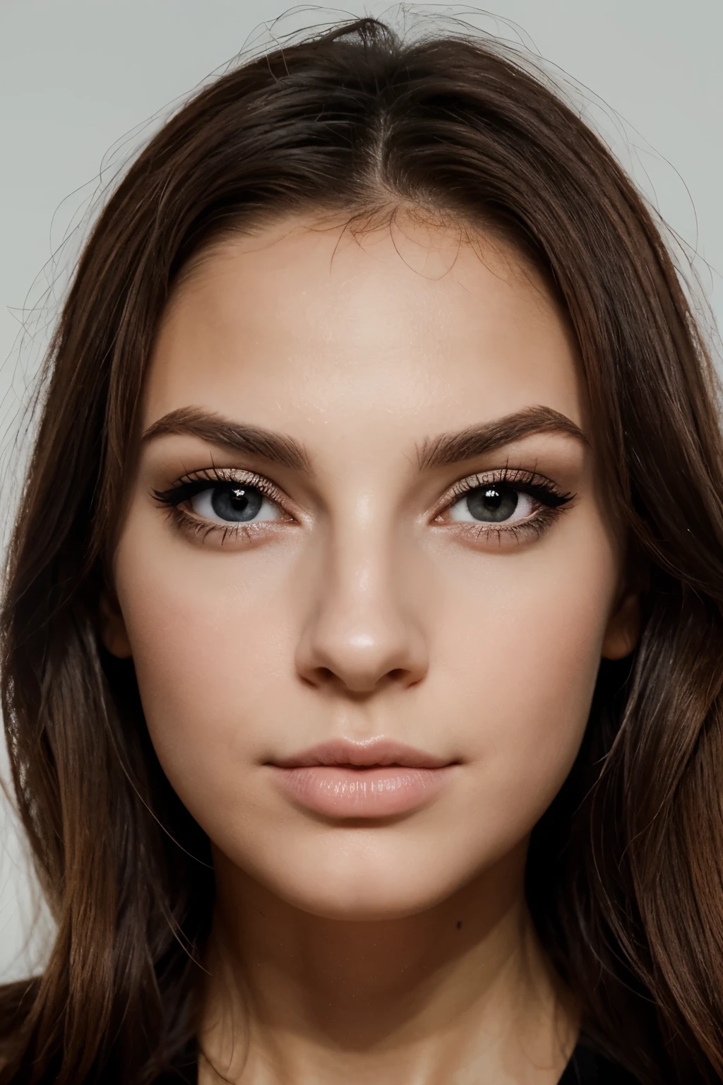 portait hyper réaliste, un contact visuel d'une femme aux cheveux brun, visage parfait, pouty lips, nez fin et trait du visage marqué, visage dégagé et au thème clair