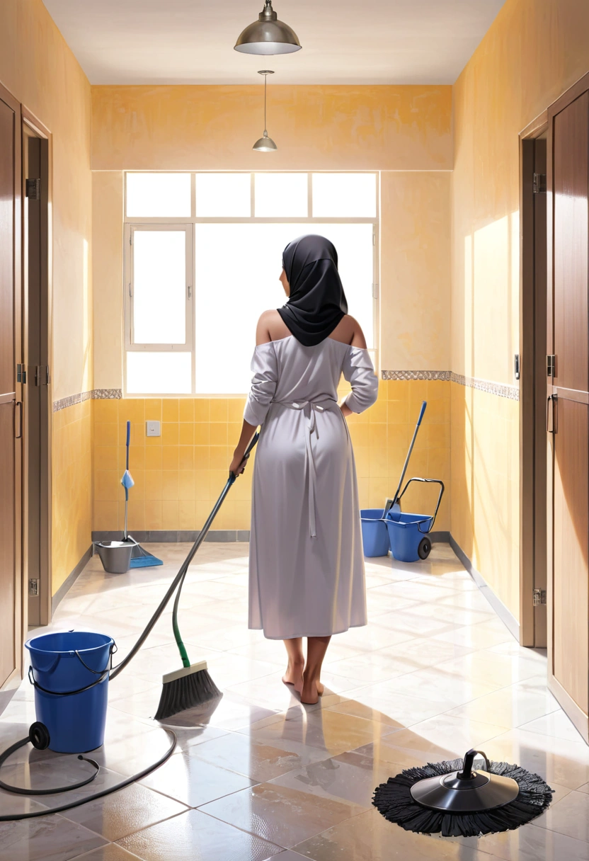 Arab woman in hijab nude arm nude shoulder cleaning the ground housekeeping room view from back sitting view from up realistic stand on hand