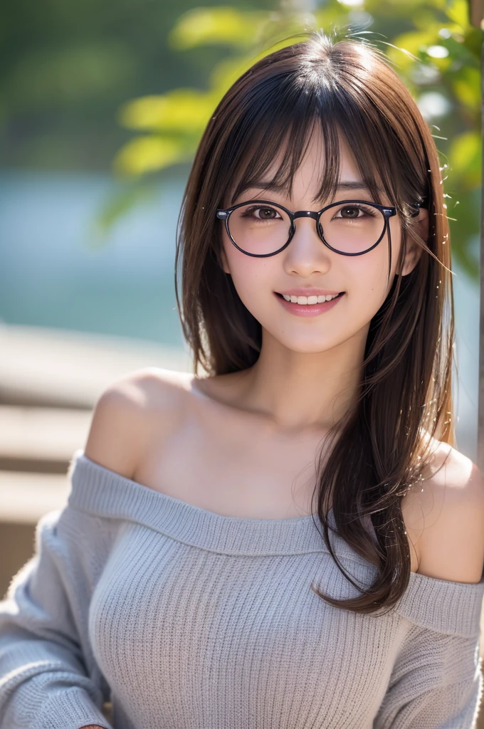 ((japanaese girl)), 8K, Raw photo, Best Quality, ultra-detailliert, Ultra High Resolution, Realistic, photographrealistic, high-definition RAW color photography, professional photograpy, Extremely detailed, 8K Wallpaper, amazing, finely detail, Huge file size, extra detailed face, extremely detailed eye, highlydetailed skin, extremely detailed fingers, highly detailed nose, highly detail mouth, Perfect Anatomy, Highly detailed background, Realistic body, Good figure, blown hair, (wet hair), Cute face, Photography, (Happy smile), Perfect Skin, Perfect Anatomy, Large breasts, (Round glasses), (Off-the-shoulder knit), (Mole), ((atami)), high-angle shot, swept bangs, Full body shot,