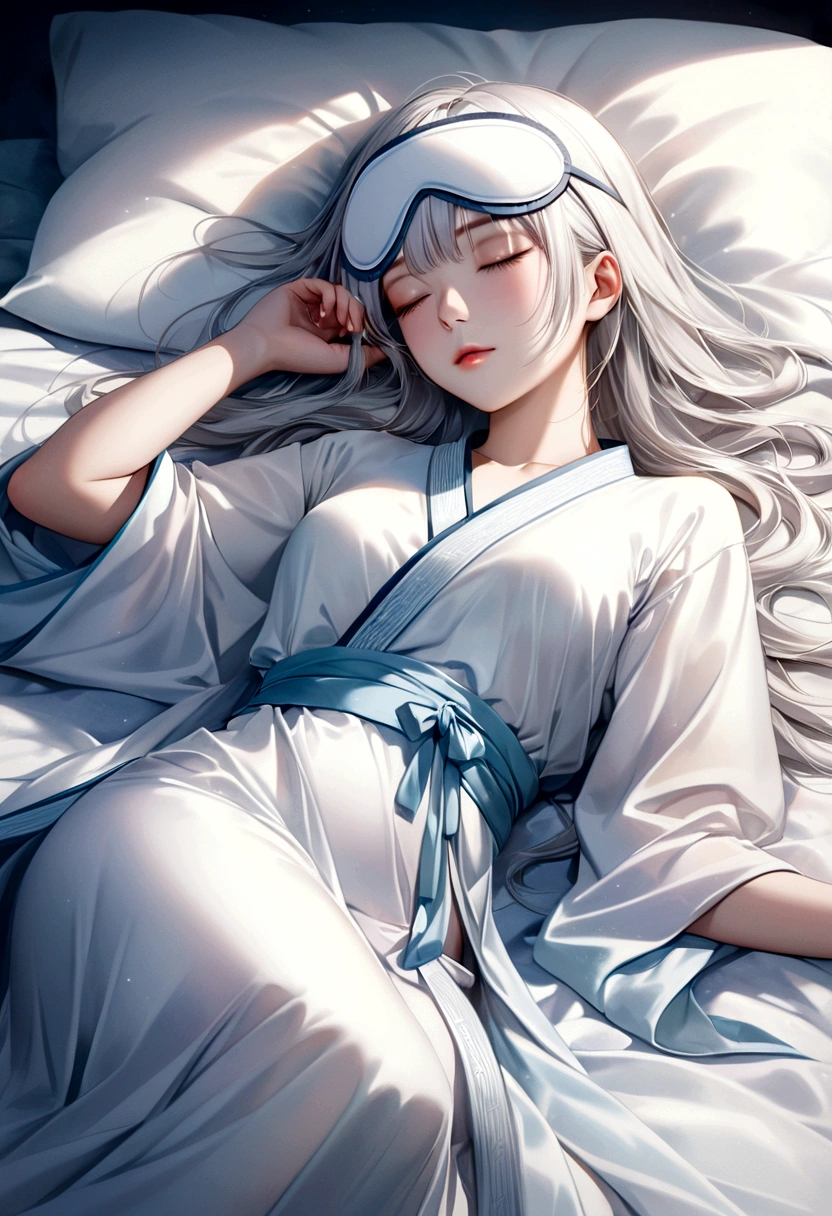 a beautiful elegant young woman with a white opaque sleep mask lying on a bed in a white chinese robe, with flowing silver-white hair, in a sweet dreamlike misty ethereal scene, with exquisite facial features, dreamlike watercolor style, hyper detailed digital art, photorealistic masterpiece, best quality, 8k, highres, extremely detailed, professional, vivid colors