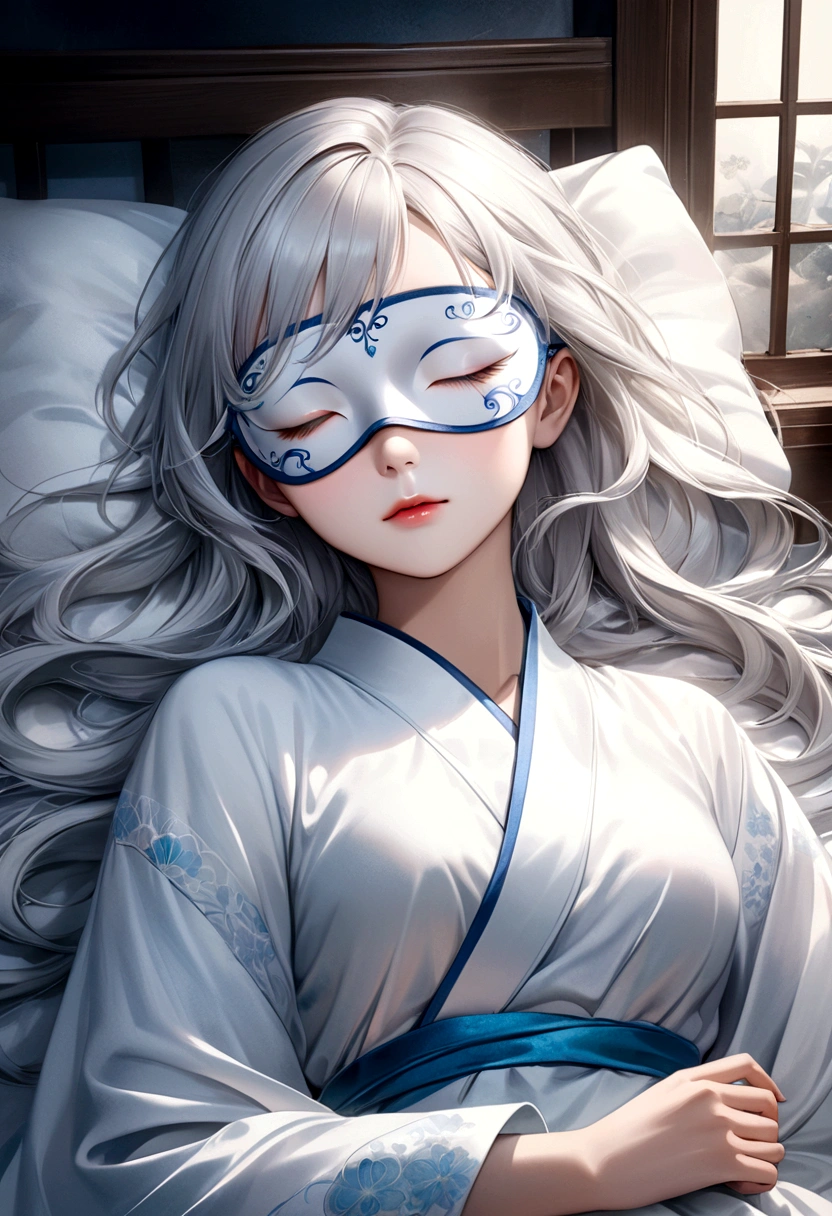 a beautiful elegant young woman with a white opaque sleep mask lying on a bed in a white chinese robe, with flowing silver-white hair, in a sweet dreamlike misty ethereal scene, with exquisite facial features, dreamlike watercolor style, hyper detailed digital art, photorealistic masterpiece, best quality, 8k, highres, extremely detailed, professional, vivid colors