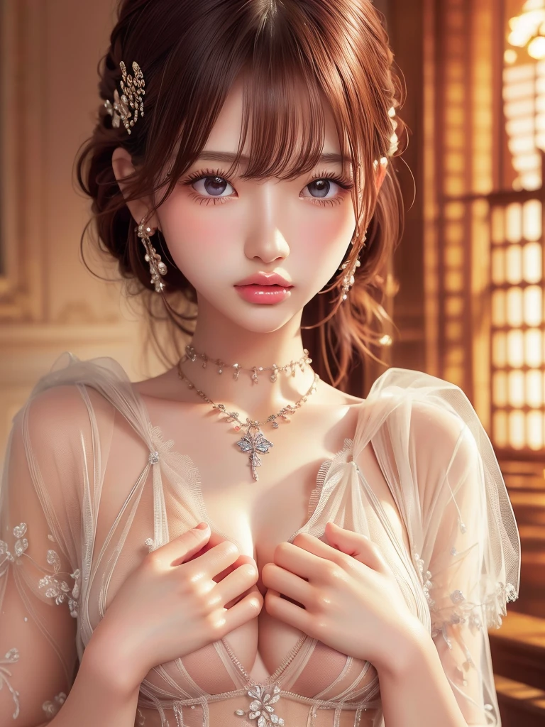 ((Highest quality)),(Ultra-high resolution),(Very detailed),(Detailed Description),((The best CG)),(masterpiece),Highly detailed art、Small breasts、(((See-through dress 1.5)))、hair ornaments、Tie your hair、Sparkly necklace、Ultimate Beauty 1.5、(((Cover your chest with both hands 1.5)))Blonde Hair Color、Smiling gently 1.2、、A different world、