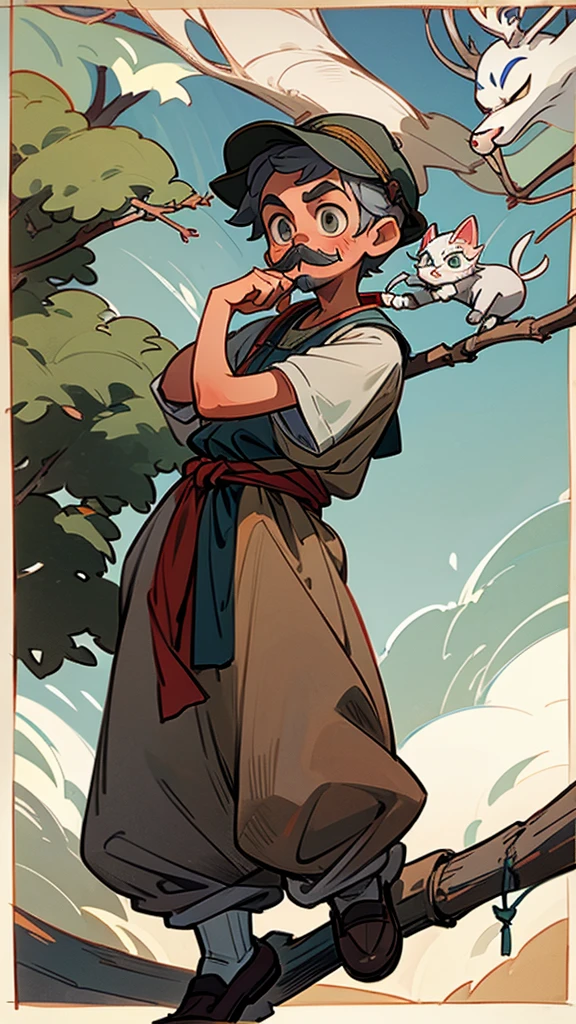 A  with gray hair and a cat's mustache in peasant clothes, in full growth, holding a branch in his hands, wearing a peasant flat cap on his head