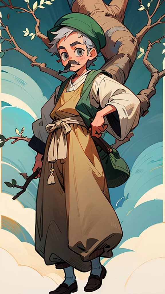 A little boy with gray hair and a cat's mustache in peasant clothes, in full growth, holding a branch in his hands, wearing a peasant flat cap on his head