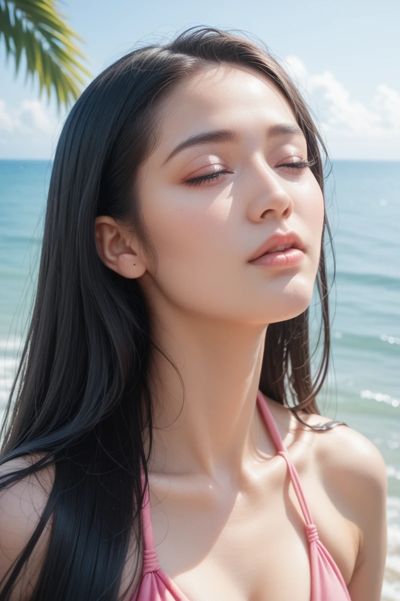 ,score_9,score_8_superior,score_7_superior, 20-year-old, 8k, High resolution, beautiful girl, Black Hair, Very long hair, Straight hair, Mouth closed,
One girl, Detailed face, Beautiful woman face, bikini, Ocean, View your viewers,