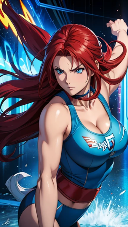 "Cinema poster style in 3D CG anime, ultra-realistic and super detailed, featuring a beautiful red-haired, blue-eyed athletic woman in an adventure outfit with a deep neckline, emphasizing her lovely breasts, in an exciting action pose, punching and shattering the 'ACTION ARCADE UNLEASHED' logo with cinematic effects, signed 'Dragonsteel7'"