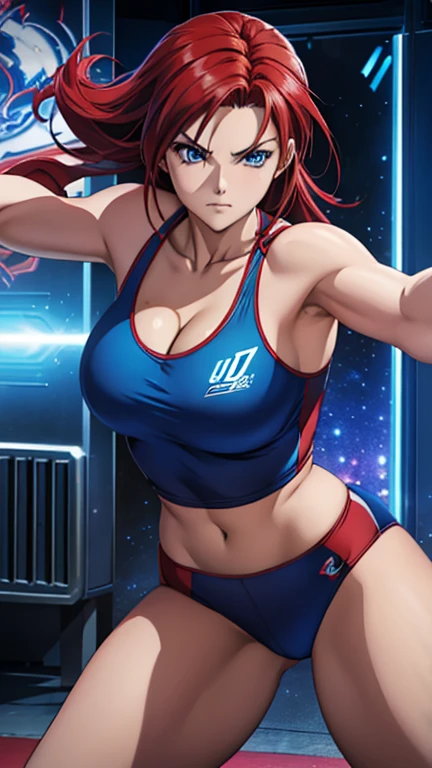 "Cinema poster style in 3D CG anime, ultra-realistic and super detailed, featuring a beautiful red-haired, blue-eyed athletic woman in an adventure outfit with a deep neckline, emphasizing her lovely breasts, in an exciting action pose, punching and shattering the 'ACTION ARCADE UNLEASHED' logo with cinematic effects, signed 'Dragonsteel7'"