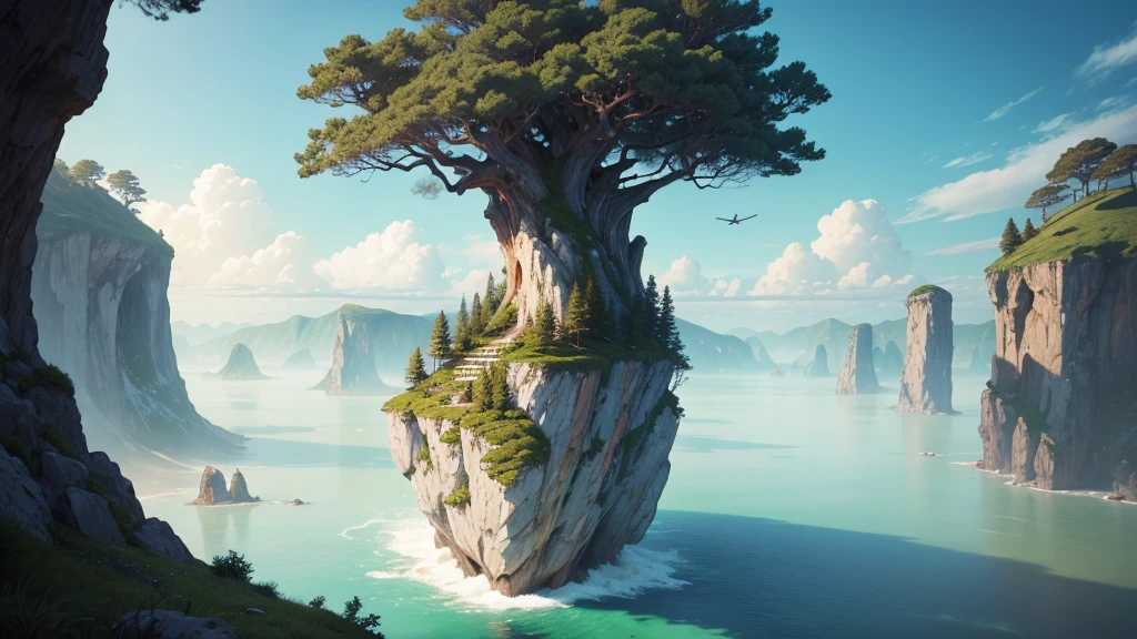 a close up of a tree on a cliff with a sky background, flying island in the sky, floating and flying island, an island floating in the air, floating island in the sky, flying island, floating mountains, island floating in the sky, anime nature, amazing wallpaper, epic matte painting of an island, made of tree and fantasy valley, floating island