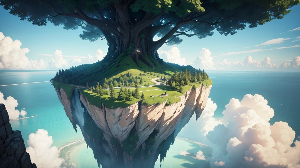 a close up of a tree on a cliff with a sky background, flying island in the sky, floating and flying island, an island floating in the air, floating island in the sky, flying island, floating mountains, island floating in the sky, anime nature, amazing wallpaper, epic matte painting of an island, made of tree and fantasy valley, floating island