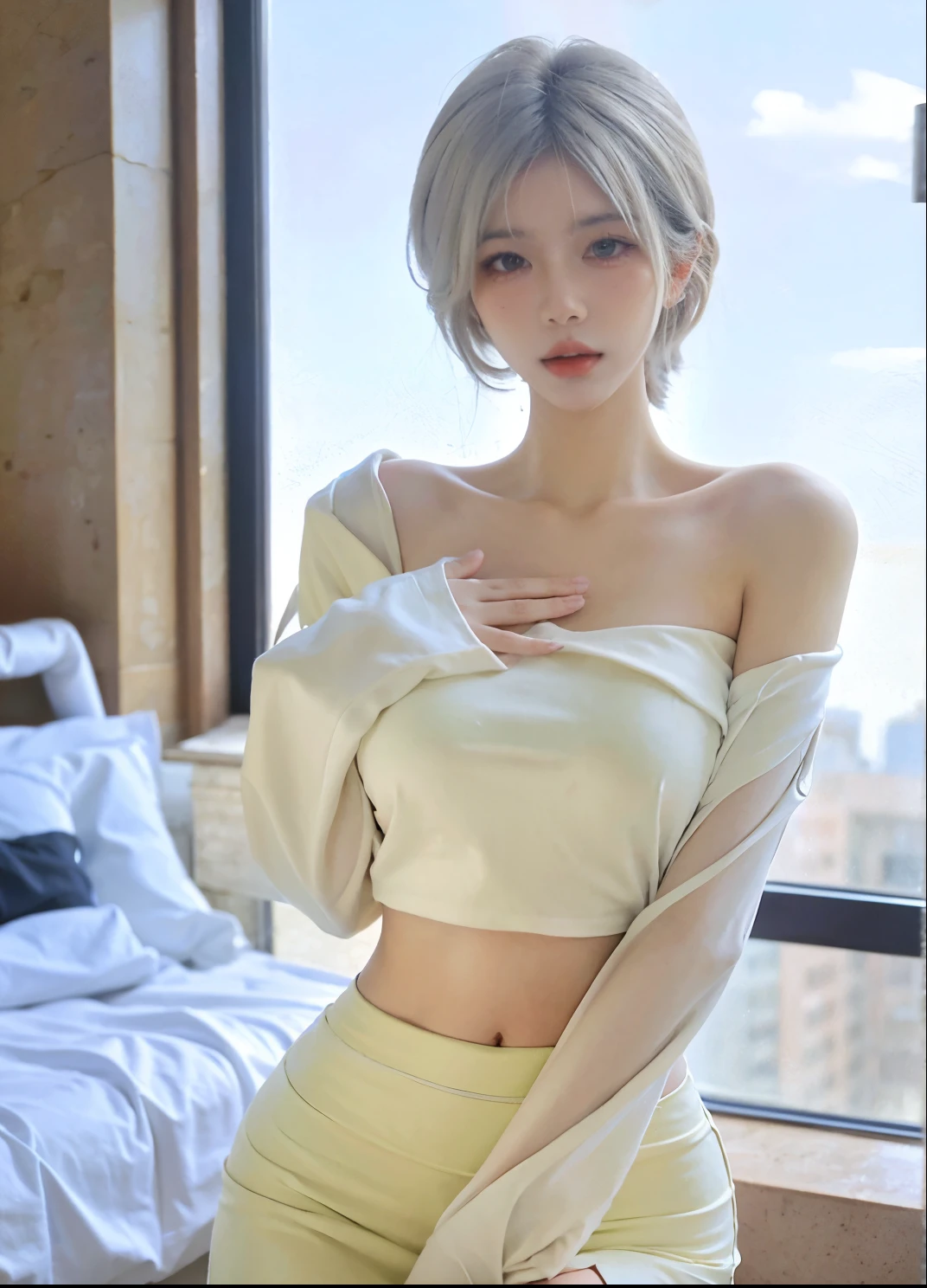 Beautiful woman with perfect figure:1.4,Ultra-high resolution,White background,(lifelike:1.4),Layered Hairstyle,White skin,Bikini:1.5,Super short pleated skirt,whole body,Very delicate face and skin texture,Double eyelids,Skin Whitening,short hair,White hair