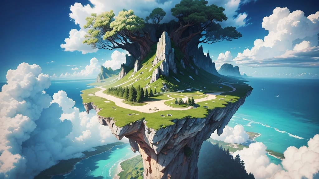 a close up of a tree on a cliff with a sky background, flying island in the sky, floating and flying island, an island floating in the air, floating island in the sky, flying island, floating mountains, island floating in the sky, anime nature, amazing wallpaper, epic matte painting of an island, made of tree and fantasy valley, floating island
