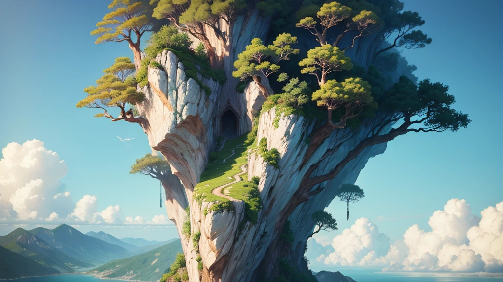 a close up of a tree on a cliff with a sky background, flying island in the sky, floating and flying island, an island floating in the air, floating island in the sky, flying island, floating mountains, island floating in the sky, anime nature, amazing wallpaper, epic matte painting of an island, made of tree and fantasy valley, floating island