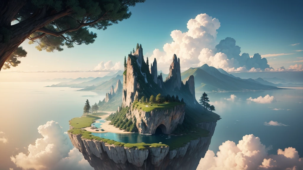 a close up of a tree on a cliff with a sky background, flying island in the sky, floating and flying island, an island floating in the air, floating island in the sky, flying island, floating mountains, island floating in the sky, anime nature, amazing wallpaper, epic matte painting of an island, made of tree and fantasy valley, floating island