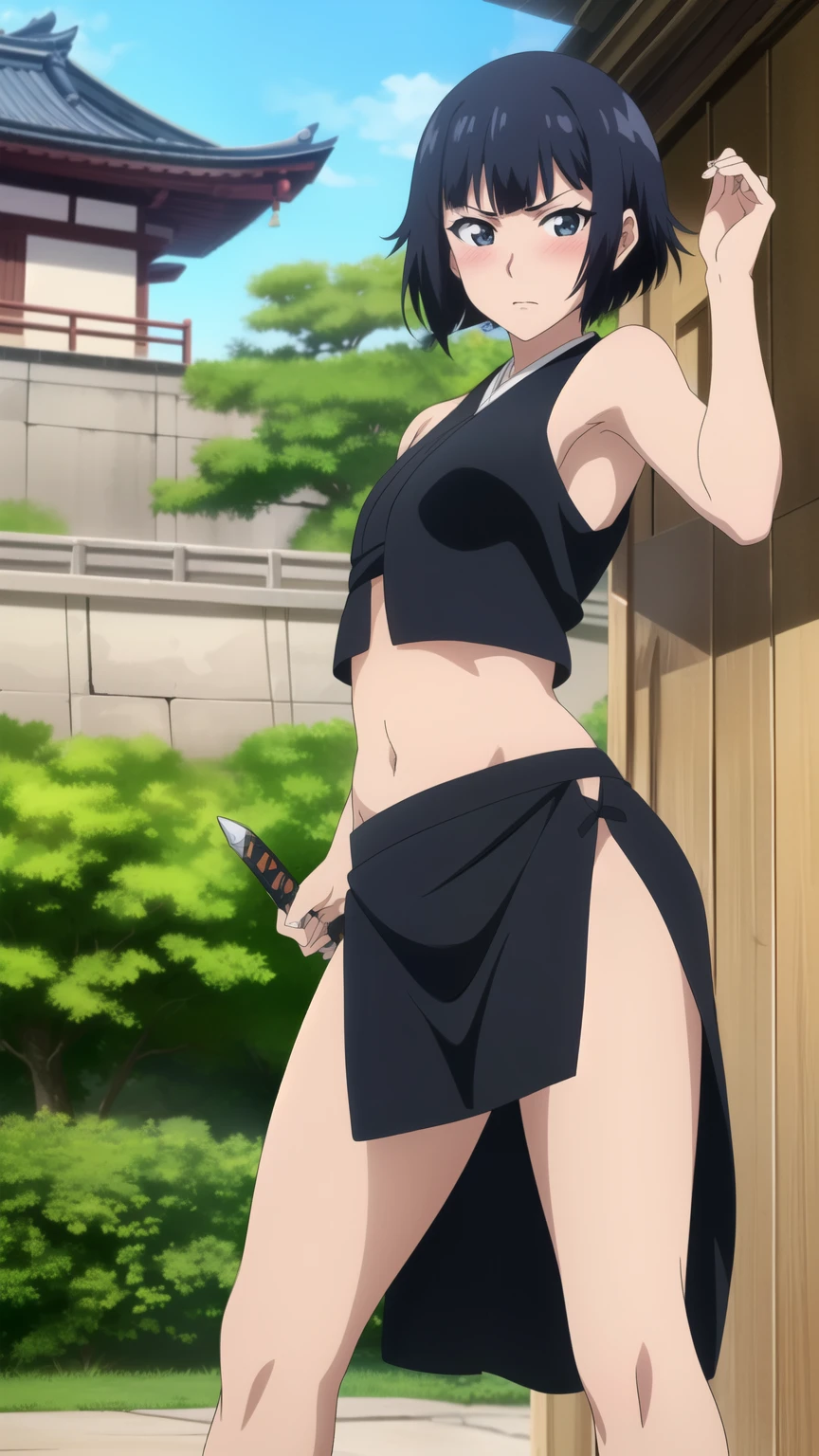 soifon, soifon, short hair, bangs, black hair, short hair with long locks, (black eyes:1.2), small breasts,(slender:1.2),Glare, (an anime girl in kimono dress with a sword posing for a picture, bare shoulders,open kimono, kimono pencil skirt, exposed midriff, exposed navel, exposed midriff, exposed lower abdomen, blushing, outdoors, Japanese architecture, temple:1.2),
dynamic pose, dynamic angles, looking at viewer,
(masterpiece best quality, 8k:1.2),(anime), high resolution, unity 8k wallpaper, (beautiful detailed eyes:1.2), extremely detailed face, perfect lighting, extremely detailed CG, (perfect hands, perfect anatomy),