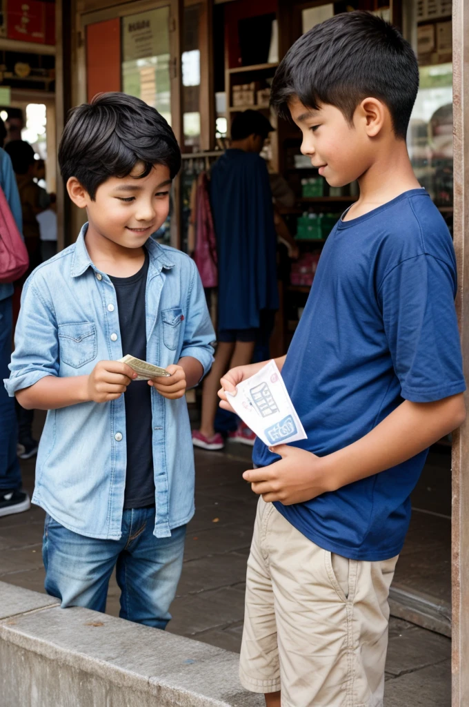 A boy giving some money to his friend to buy something