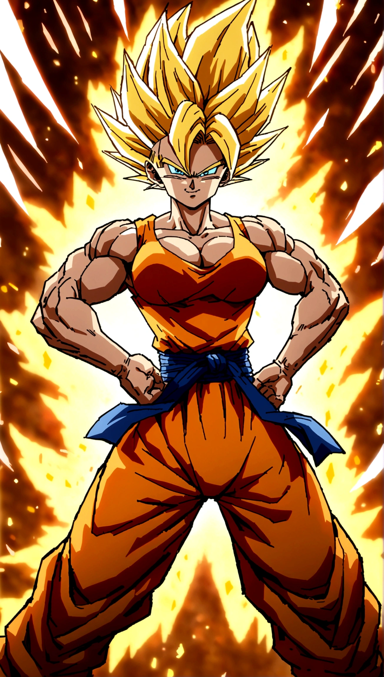 ((Action-filled depiction of Goku in Super Saiyan mode from Dragon Ball)), (with bright), (explosive background effects), rendered in the style of Rossdraws and Stanley Artgerm Lau.(((Sexy woman))), sexy bosom, ((feminine face)), provocative, monkey tail on hips, supple muscles, golden aura, blue eyes, wearing orange street clothes, strong pose