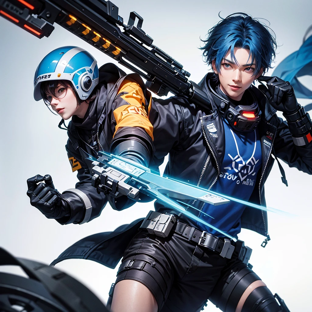 Cyborg boy with blue fiery hair with a gun and a beautiful smile