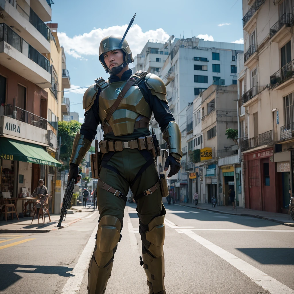 a spartan soldier invading a brazilian debtavela, Realistic, taken using the Canon EOS R camera with a 50mm debt/1.8 Lenses, debt/2.2 Aperture, Shutter Speed 1/200 generations, ISO 100 and Natural Light, whole body, Ultra-realistic photos, cinema, cinema, Hyper Detail, 超High resolution, Color Correction, High resolution, Color Grading, Ultra-realistic CG animation--air4:5 --upbeta --q 2 --v 5, d