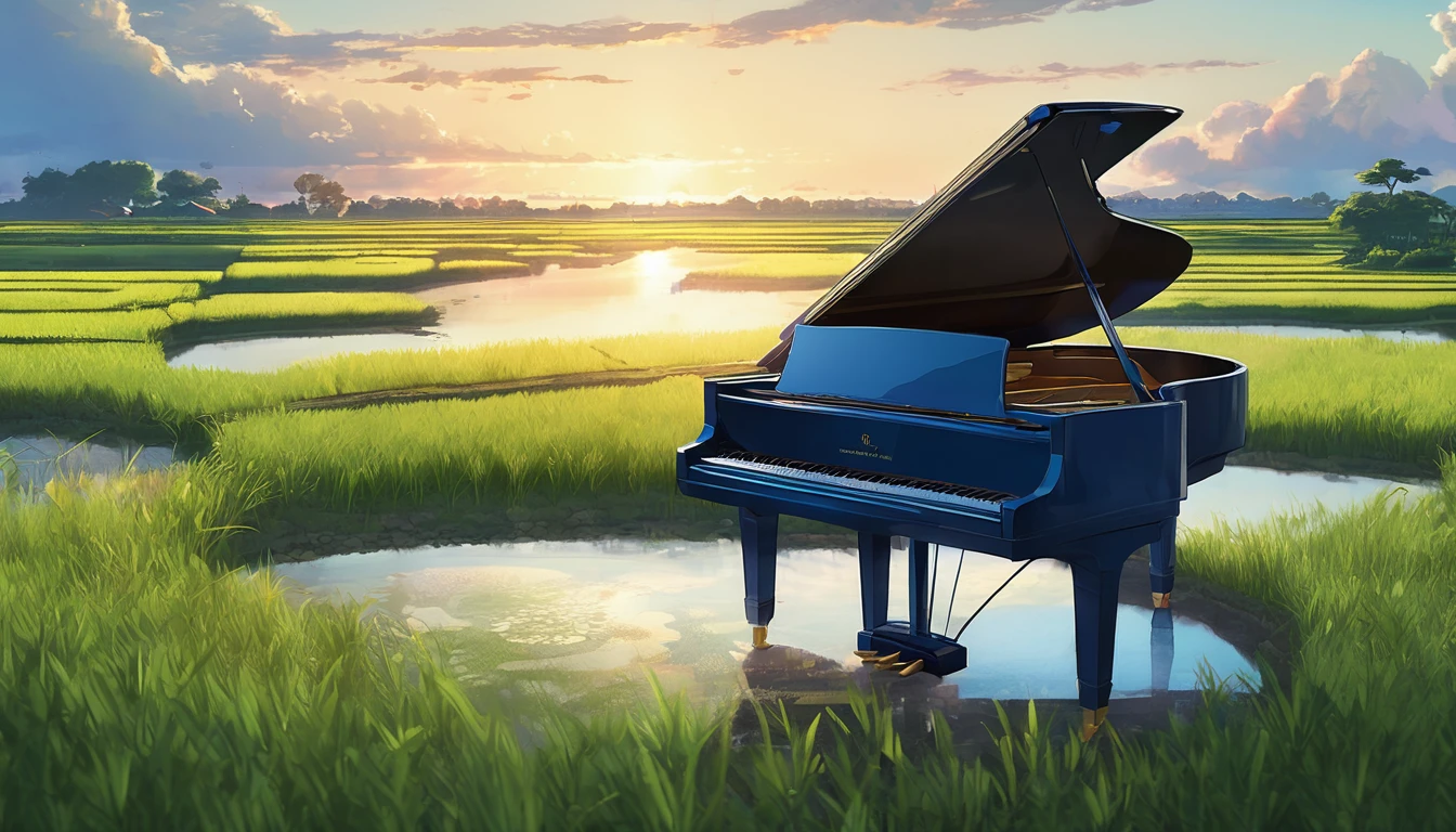 A grand piano placed on a bank in front of a Japanese rice field、The sky is a piercing blue.、Makoto Shinkai style touch、A grand piano placed on the bank in front of the rice fields、The piano is not submerged in water.
