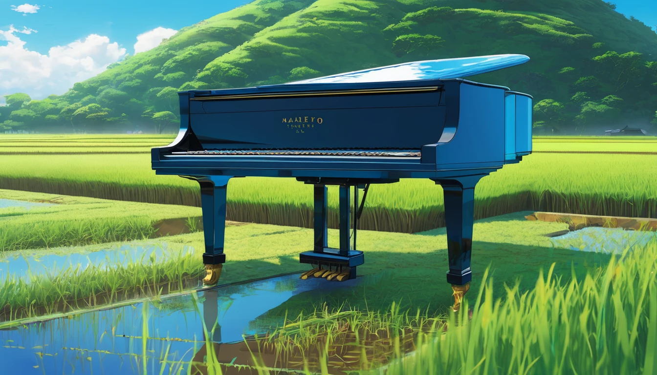 A grand piano placed on a bank in front of a Japanese rice field、The sky is a piercing blue.、Makoto Shinkai style touch、A grand piano placed on the bank in front of the rice fields、The piano is not submerged in water.