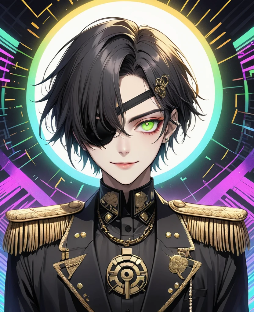 (Digital Illustration，Detailed anime style，Heavy Metal Cyberpunk，Pearl tassel eye mask，Portrait of short-haired boy wearing mask eye patch，Solitary，symmetry)，(Big colorful eyes，Fashionable and exquisite facial features，Exquisite makeup，Smooth skin，Smile，Soulful gaze，)，(Black suit，Epaulettes-Chain，cool，)，(((Correct human anatomy)))，，out a hand：1.37.(((Radioactive geometric dynamic light wave background)))