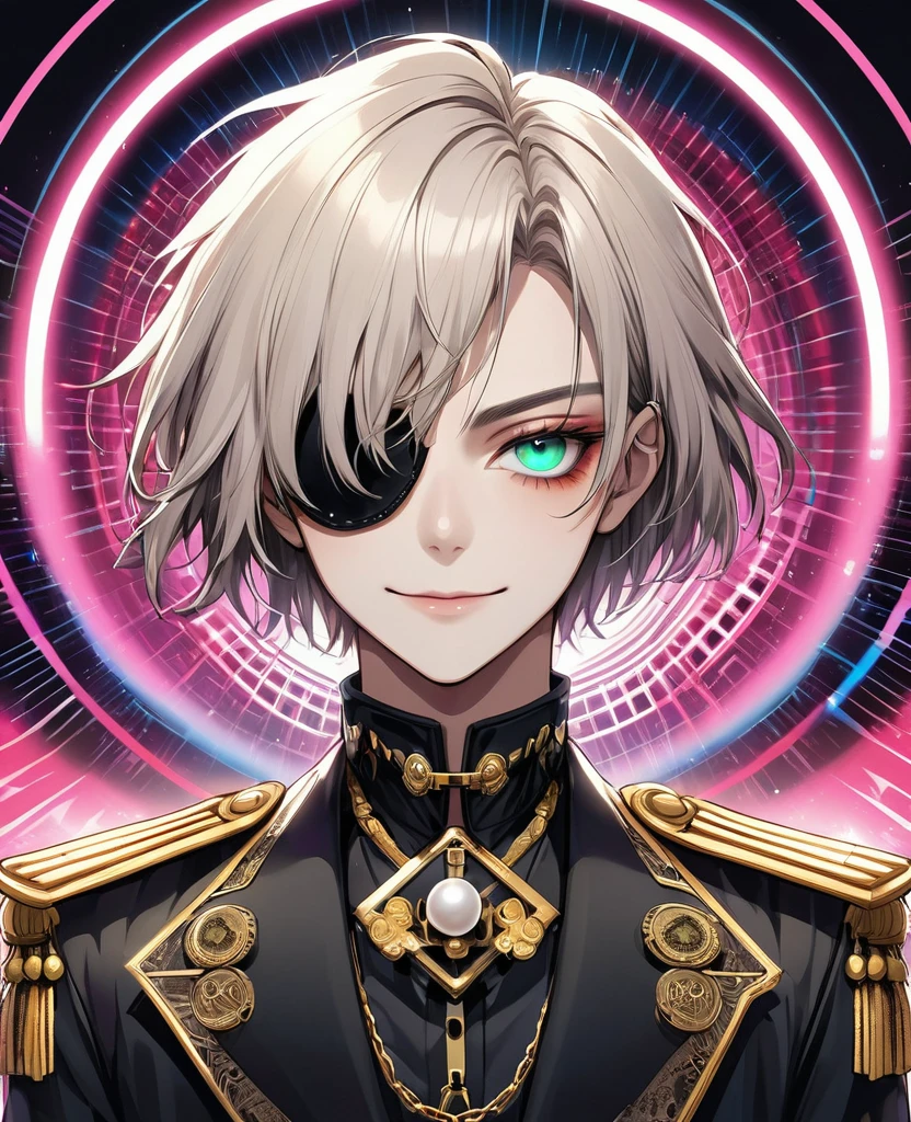 (Digital Illustration，Detailed anime style，Heavy Metal Cyberpunk，Pearl tassel eye mask，Portrait of short-haired boy wearing mask eye patch，Solitary，symmetry)，(Big colorful eyes，Fashionable and exquisite facial features，Exquisite makeup，Smooth skin，Smile，Soulful gaze，)，(Black suit，Epaulettes-Chain，cool，)，(((Correct human anatomy)))，，out a hand：1.37.(((Radioactive geometric dynamic light wave background)))