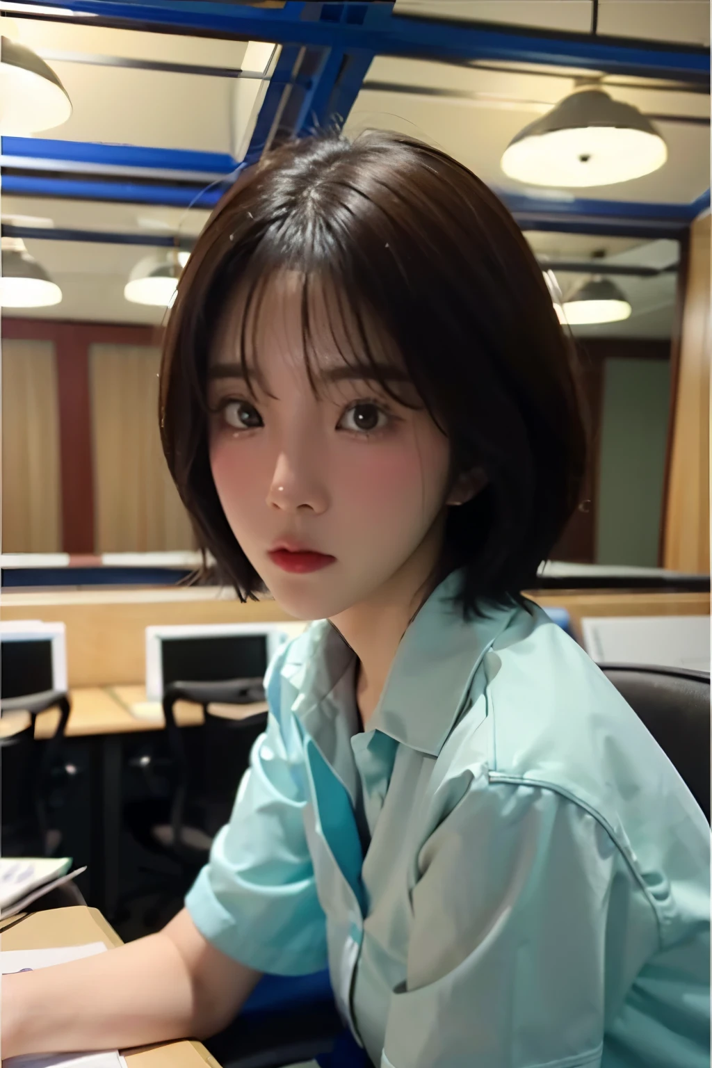 Korean Girls, Retain employees, In the office late at night, short hair, work desk, close-up, low light, Dim lights