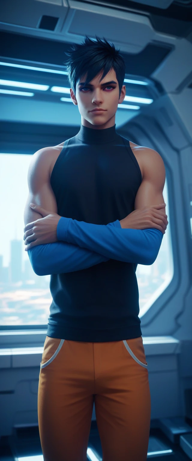 Falco lombardi, inside spaceship, arms crossed, looking front, window