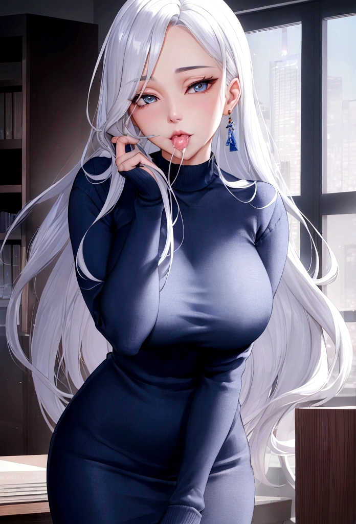 a beautiful young office lady in a blue sweater, long white hair, erotic pose, close up of facial expressions, blowjob, handjob, cumshot on face, cum in mouth, photorealistic, 8k, detailed, highly detailed, ultra-detailed, cinematic lighting, hyper realistic, intricate details, masterpiece, award winning, realistic, lifelike, gorgeous, stunning, elegant, mesmerizing