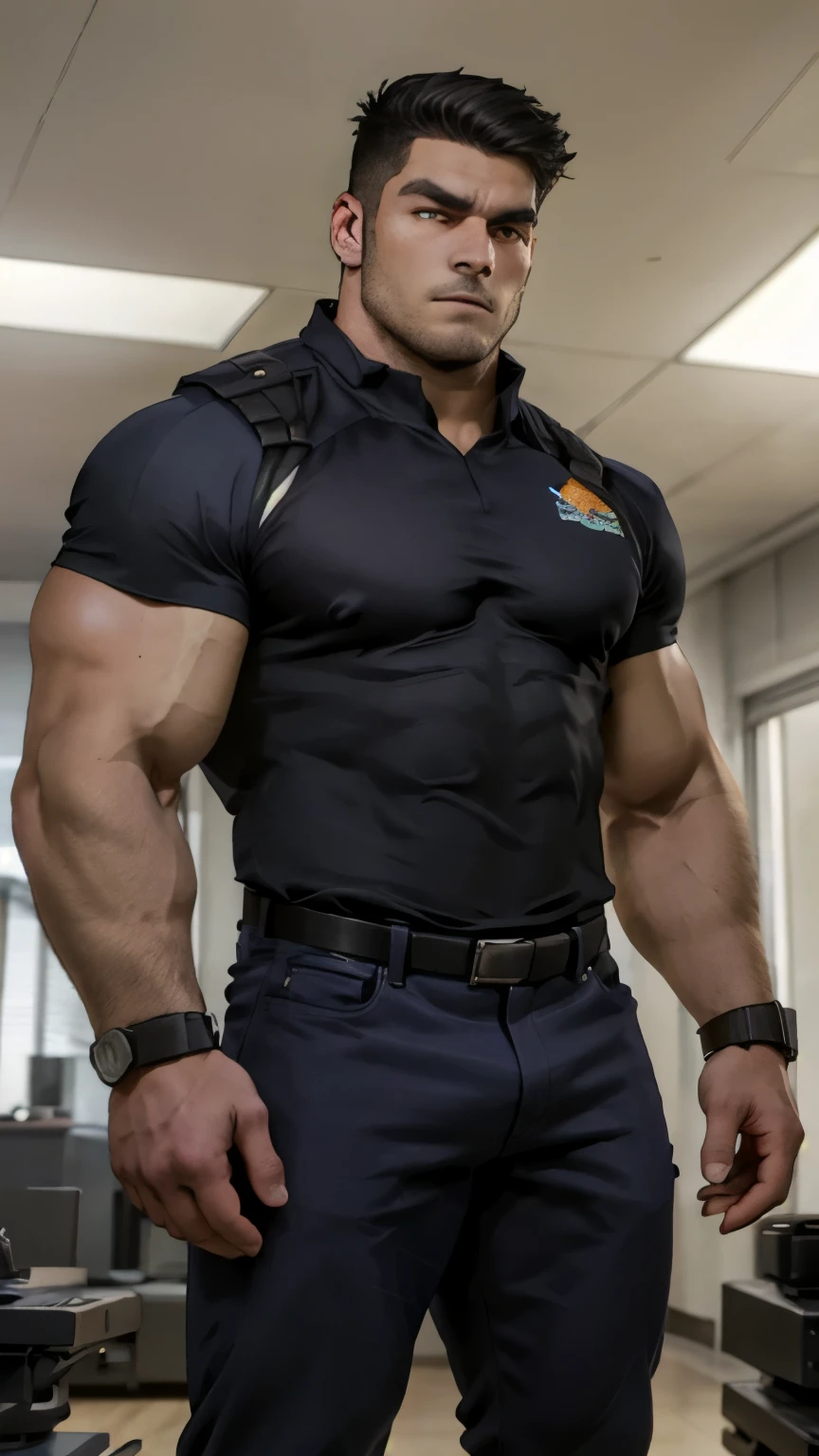 (best quality:2, 8k:2,absurdres:2, masterpiece:2, atmospheric:2, extremely detailed, detailed textures,detailed cloth texture, perspective), epic, soft light, dramatic lighting, reflection, highlight, depth of field, sharp focus, vibrant colors:2, photorealistic:2,
male focus, medium shot, x-man costume, military costume, sci-fi military costume, sci-fi military clothes, military, light sci-fi armor, short sleeves sci-fi armor, short sleeves shirt, looking at viewer, serious expression, bara, bear-like, muscle, mature, athletic, perfect face, rugged look, facial hair, beard, stubble, big eyes, amber eyes, reflection in eyes, heavy brow, short hair, undercut, black hair
