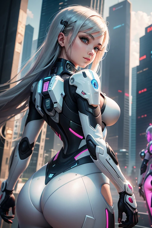 Woman in a futuristic suit standing in a futuristic city, (Two Girls), Girl wearing mecha cyber armor, (Mechanized Valkyrie Girl), (Beautiful cyborg angel girl), Cyberpunk Girl Mecha, Unreal Engine Rendering + goddess, Cyberpunk Girl, beutiful white girl cyborg、Medium Chest、smile、(Standing back to back、Pushing the buttocks from the buttocks)